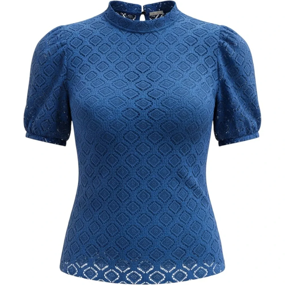 LOFT Royal Blue Geometric Lace Mock Neck Ruffle Trim Short Sleeve Blouse Small